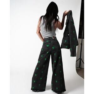 Dressed In Lala Wide Leg Alien Denim Jeans Embroidered Y2k Black Size XL
